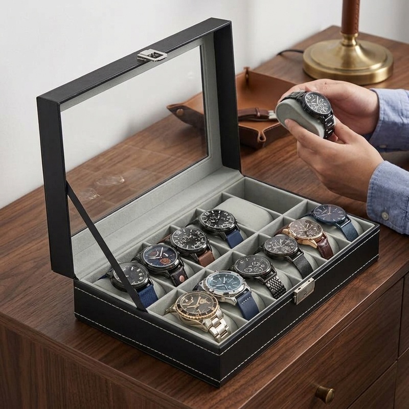 Watch Display Case Glass Top 12 Slots - Kotak Jam Tangan Kulit PU dengan