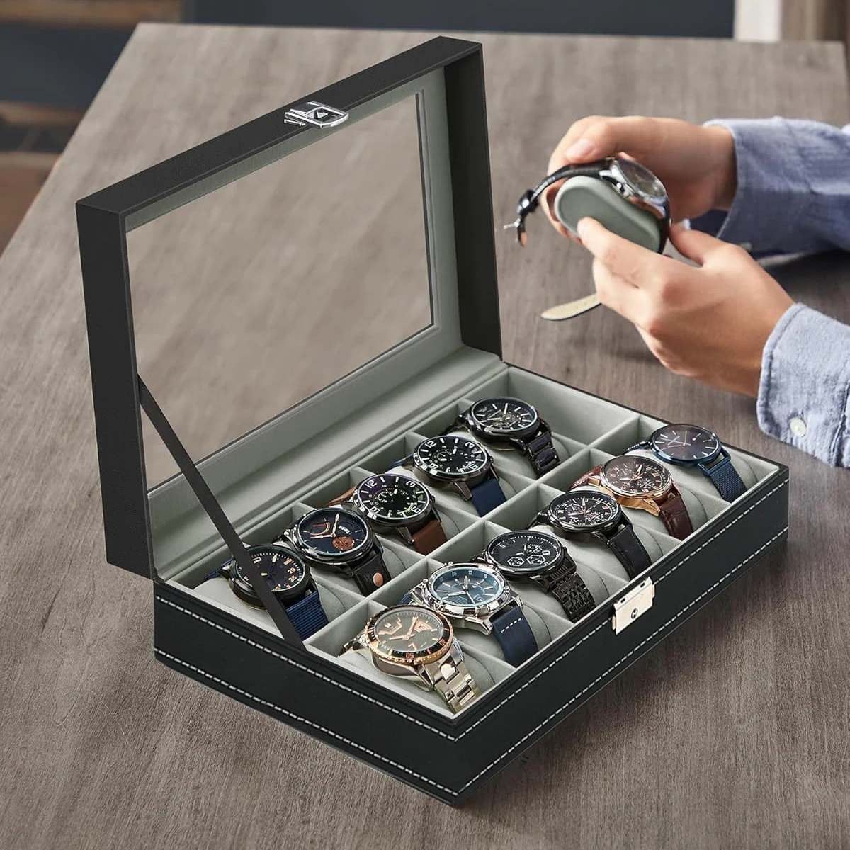 Watch Display Case Glass Top 12 Slots - Kotak Jam Tangan Kulit PU 2/3/4/5/6/8/10/12