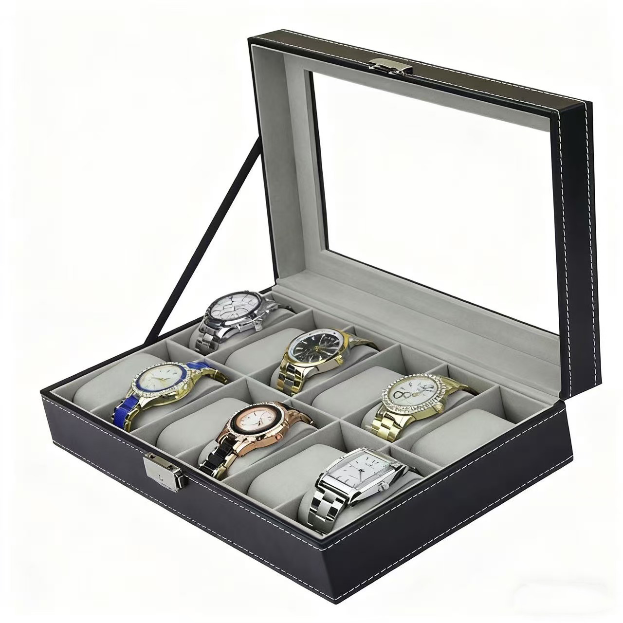 Watch Display Case Glass Top 12 Slots - Kotak Jam Tangan Kulit PU 6/10/12