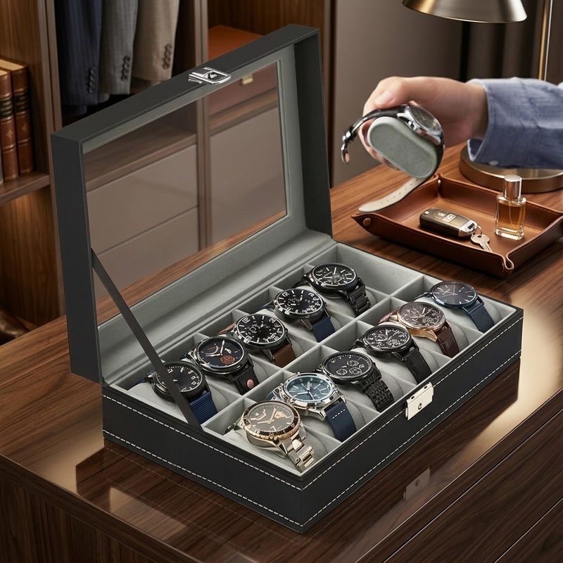 Watch Display Case Glass Top 12 Slots - Kotak Jam Tangan Kulit PU dengan