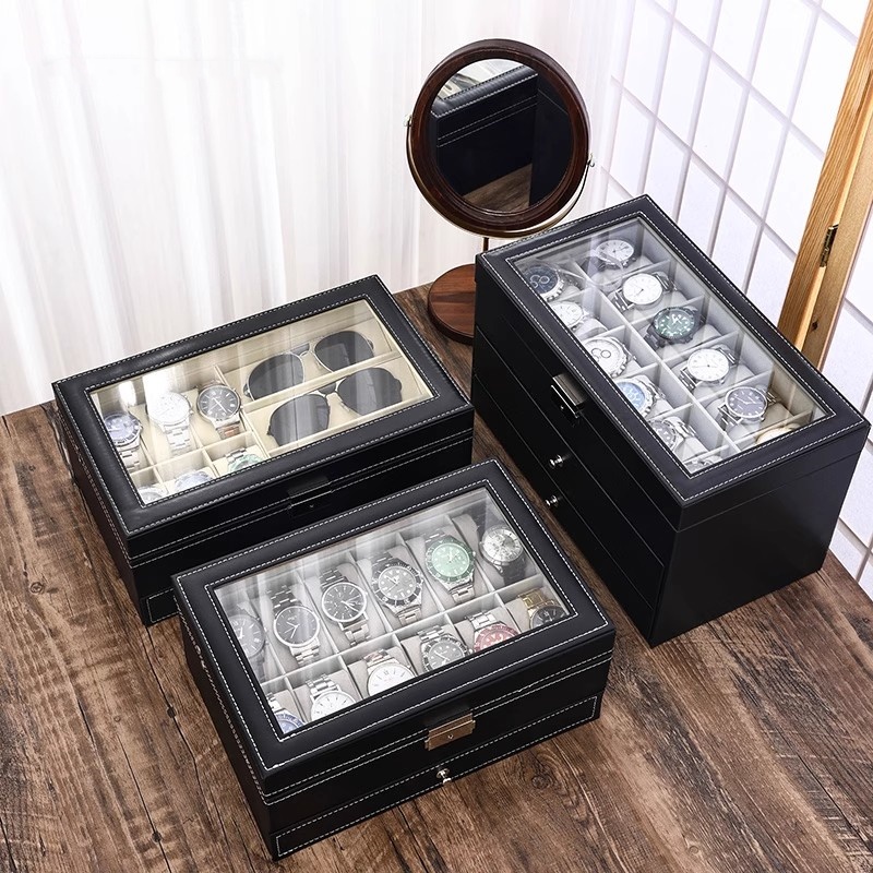 Watch Display Case Glass Top 12 Slots - Kotak Jam Tangan Kulit PU 2/3/6/10/12