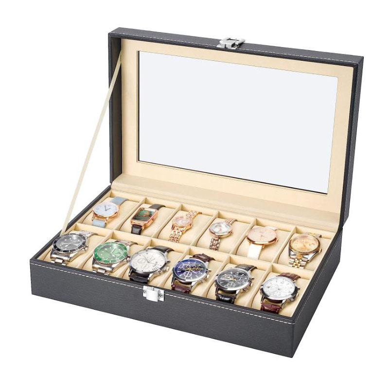 Watch Display Case Glass Top 12 Slots - Kotak Penyimpanan Jam Tangan Kulit PU