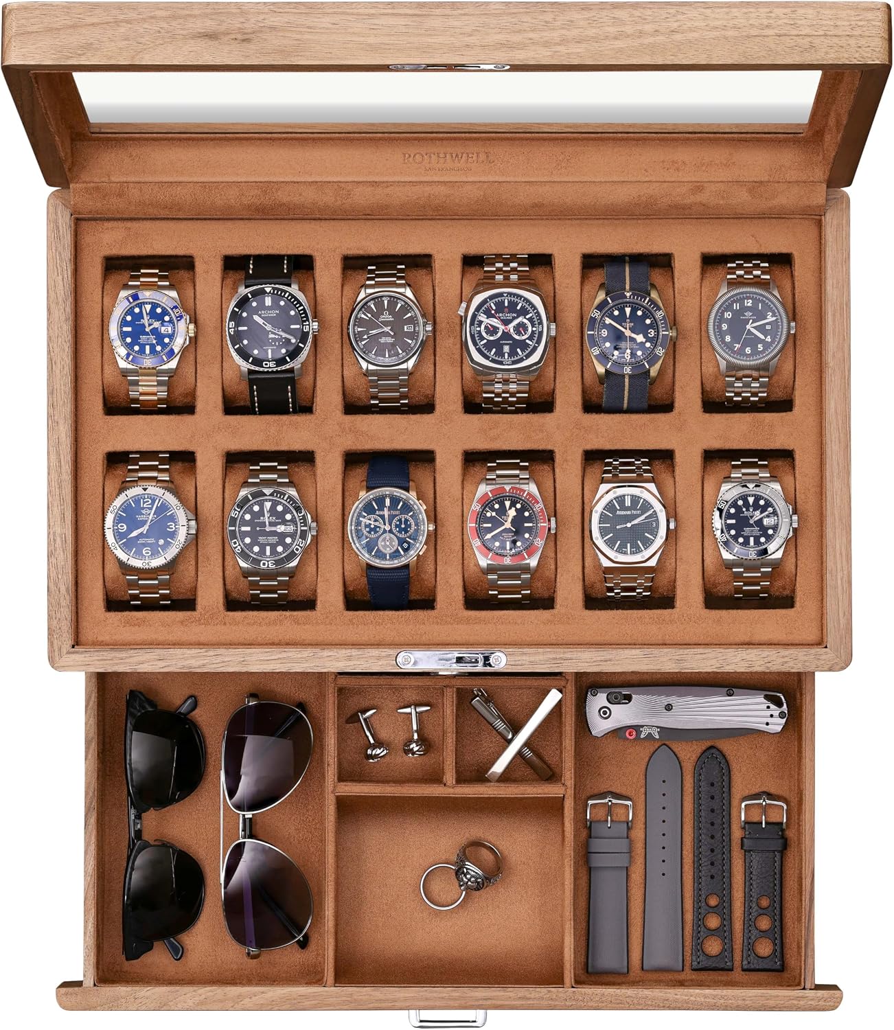 Kotak Jam Tangan Kayu Walnut S - Watch Display Case Glass Top 12 Slots ulasan dan harga