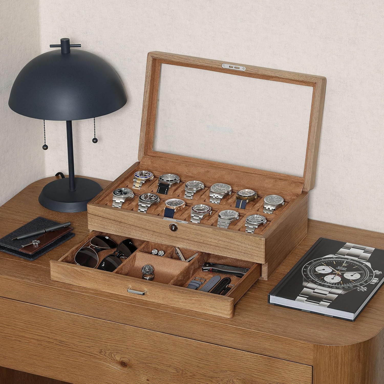 Kotak Jam Tangan Kayu Walnut S - Watch Display Case Glass Top 12 Slots ulasan dan harga