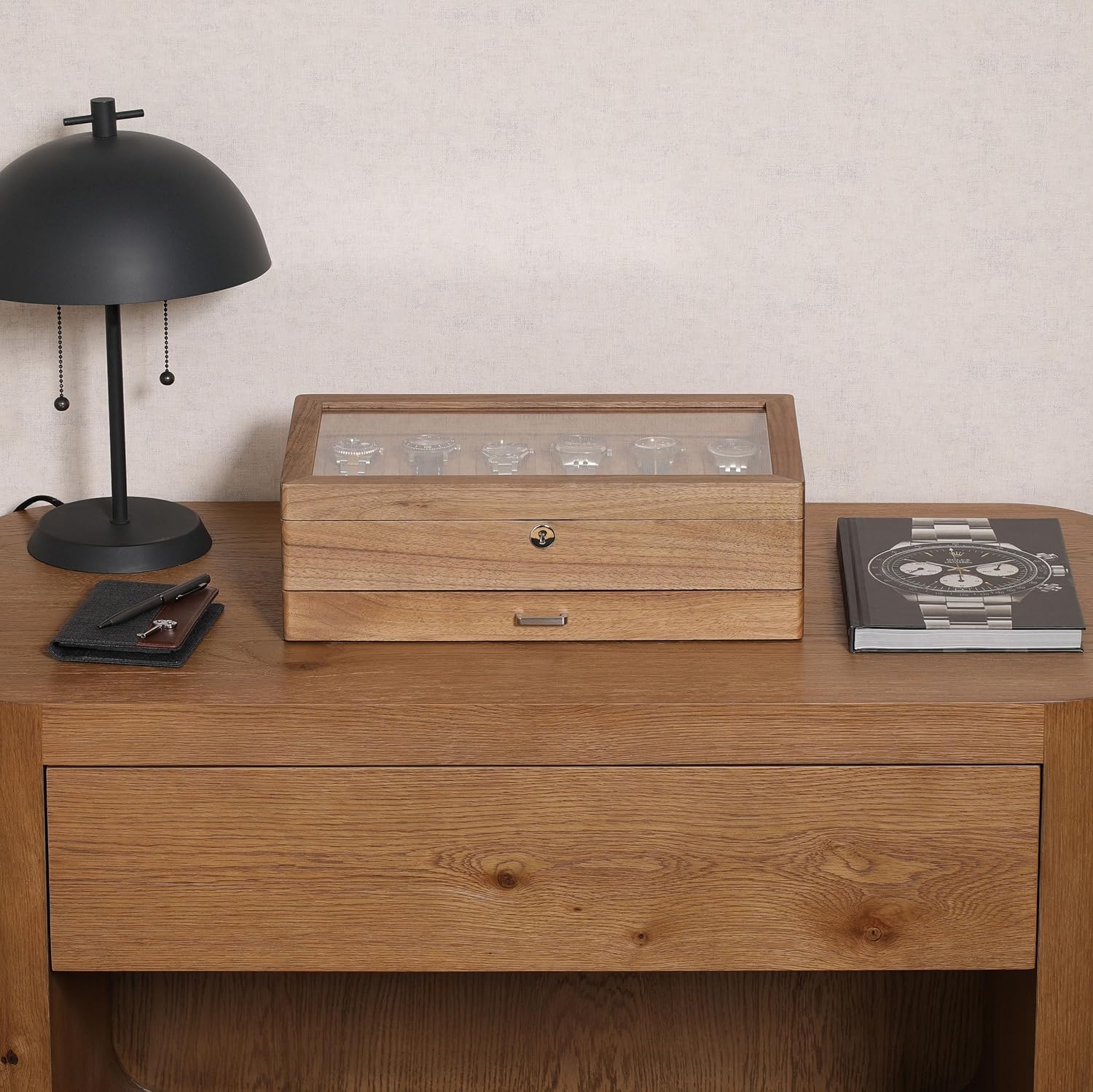 Kotak Jam Tangan Kayu Walnut S - Watch Display Case Glass Top 12 Slots ulasan dan harga
