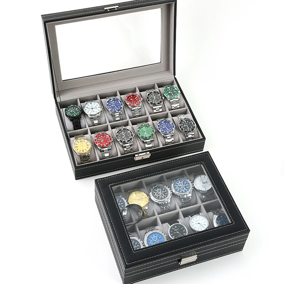 Kotak Jam Tangan Kulit PU 2/3/ - Watch Display Case Glass Top 12 Slots ulasan dan harga