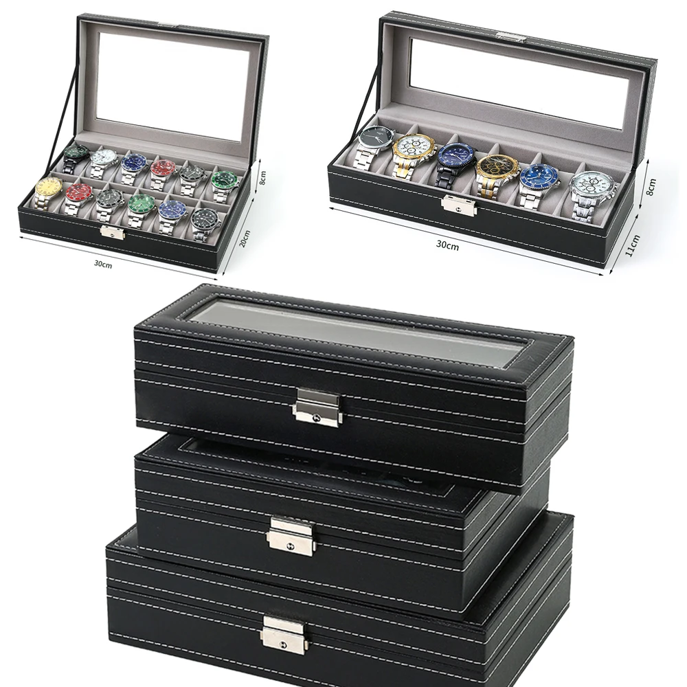 Kotak Jam Tangan Kulit PU 2/3/ - Watch Display Case Glass Top 12 Slots ulasan dan harga