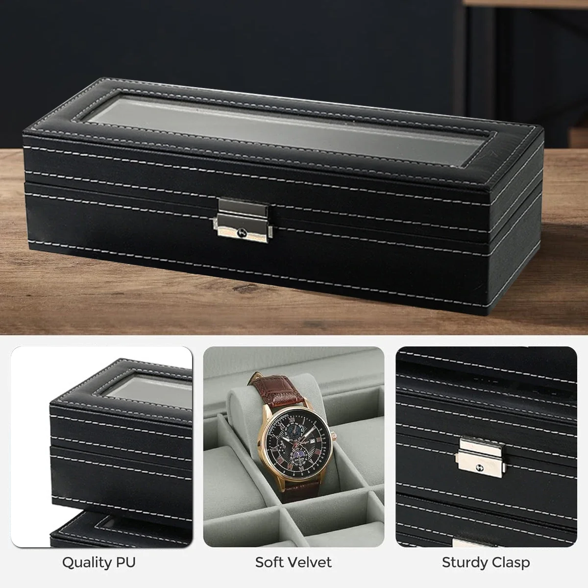 Kotak Jam Tangan Kulit PU 2/3/ - Watch Display Case Glass Top 12 Slots ulasan dan harga