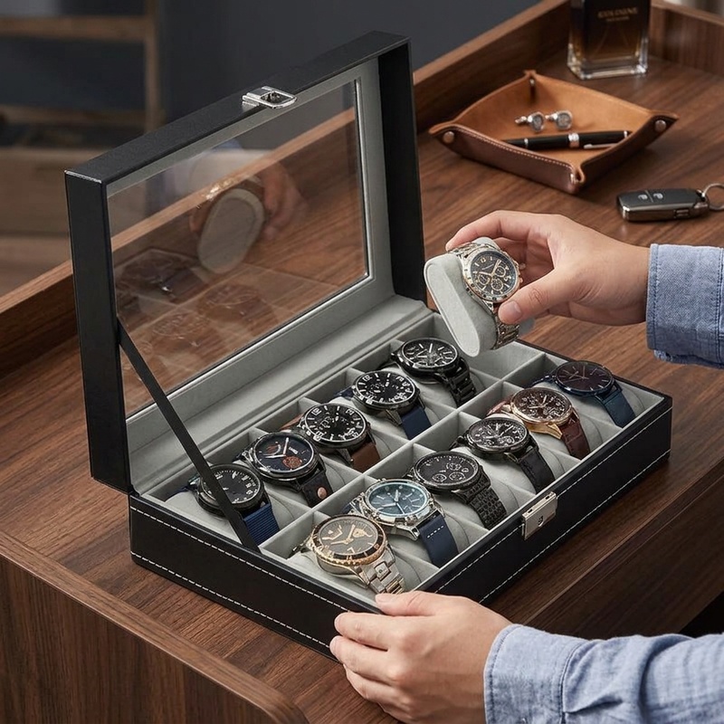 Kotak Penyimpanan Jam Tangan d - Watch Display Case Glass Top 12 Slots ulasan dan harga