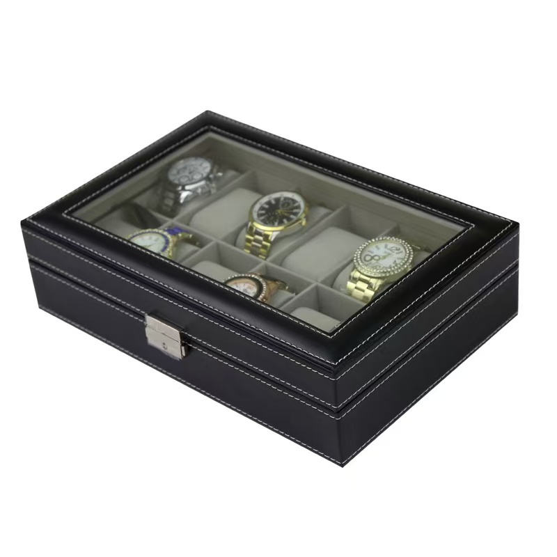 Kotak Jam Tangan Kulit PU 6/10 - Watch Display Case Glass Top 12 Slots ulasan dan harga