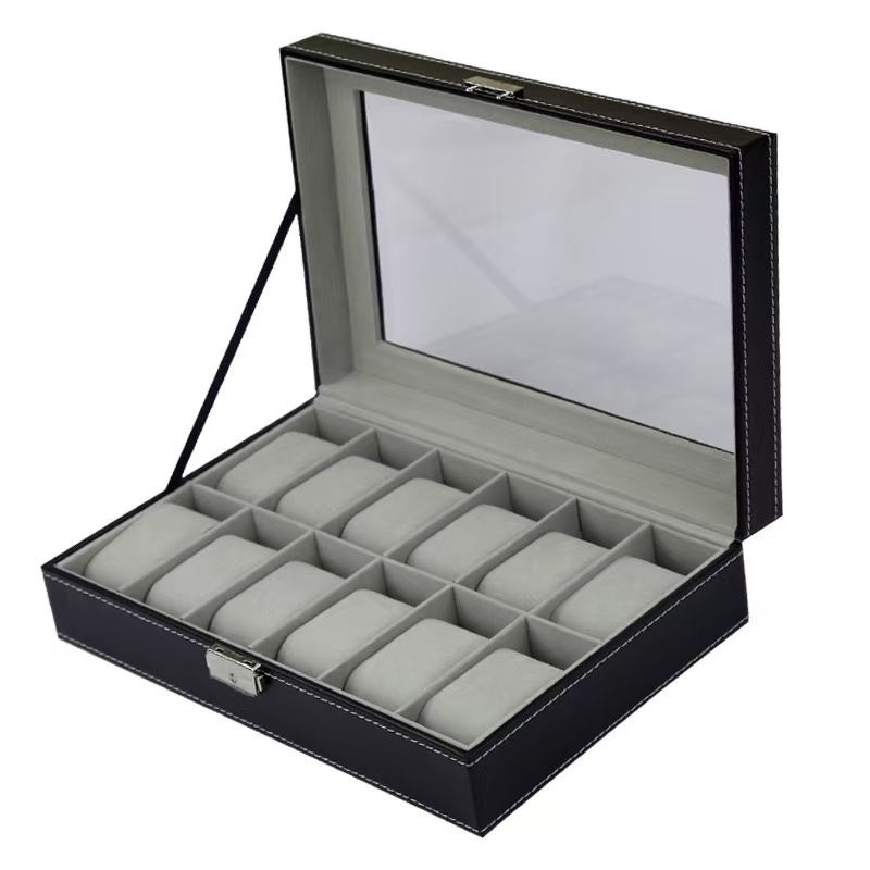 Kotak Jam Tangan Kulit PU 6/10 - Watch Display Case Glass Top 12 Slots ulasan dan harga