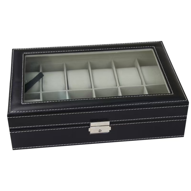 Kotak Jam Tangan Kulit PU 6/10 - Watch Display Case Glass Top 12 Slots ulasan dan harga