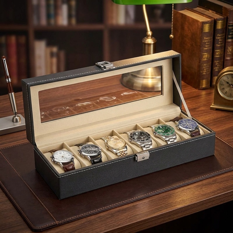 Kotak Jam Tangan Berbahan Kuli - Watch Display Case Glass Top 12 Slots ulasan dan harga