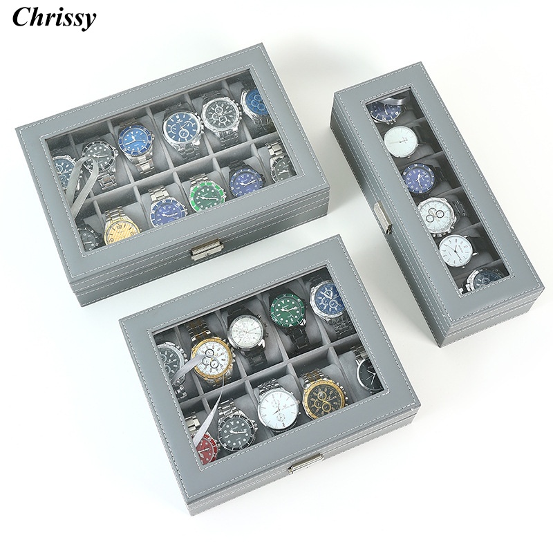 Kotak Jam Tangan Kulit PU 2/3/ - Watch Display Case Glass Top 12 Slots ulasan dan harga