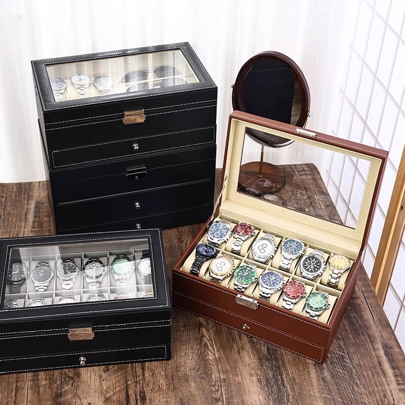 Kotak Jam Tangan Kulit PU 2/3/ - Watch Display Case Glass Top 12 Slots ulasan dan harga